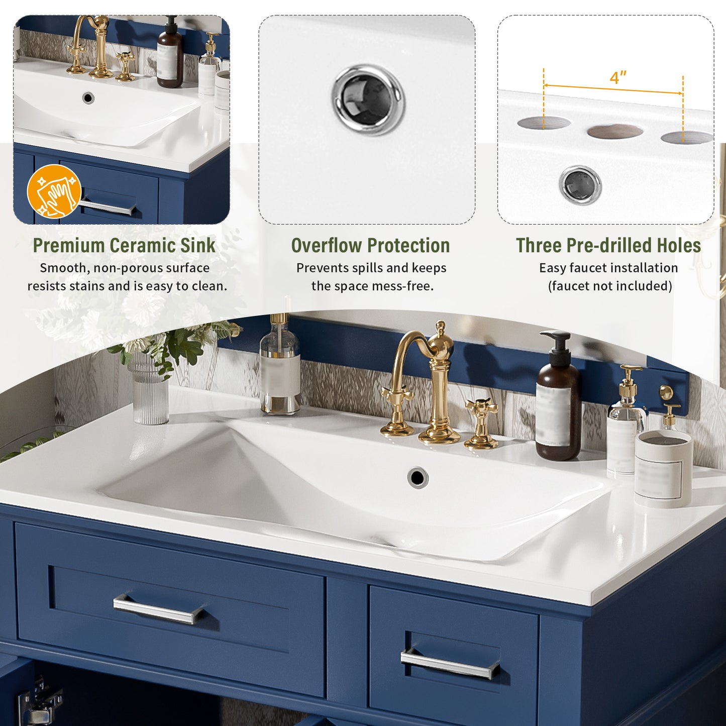 30" Blue Bathroom Vanity with Ceramic Sink & Soft-Close Doors