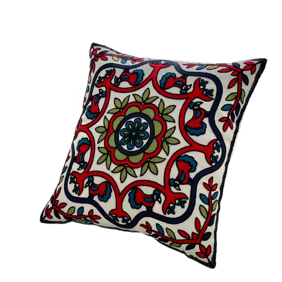 Mandala Vine Floral Embroidered Throw Pillow - Ethnic Bohemian Square Cushion for Sofa & Bedroom