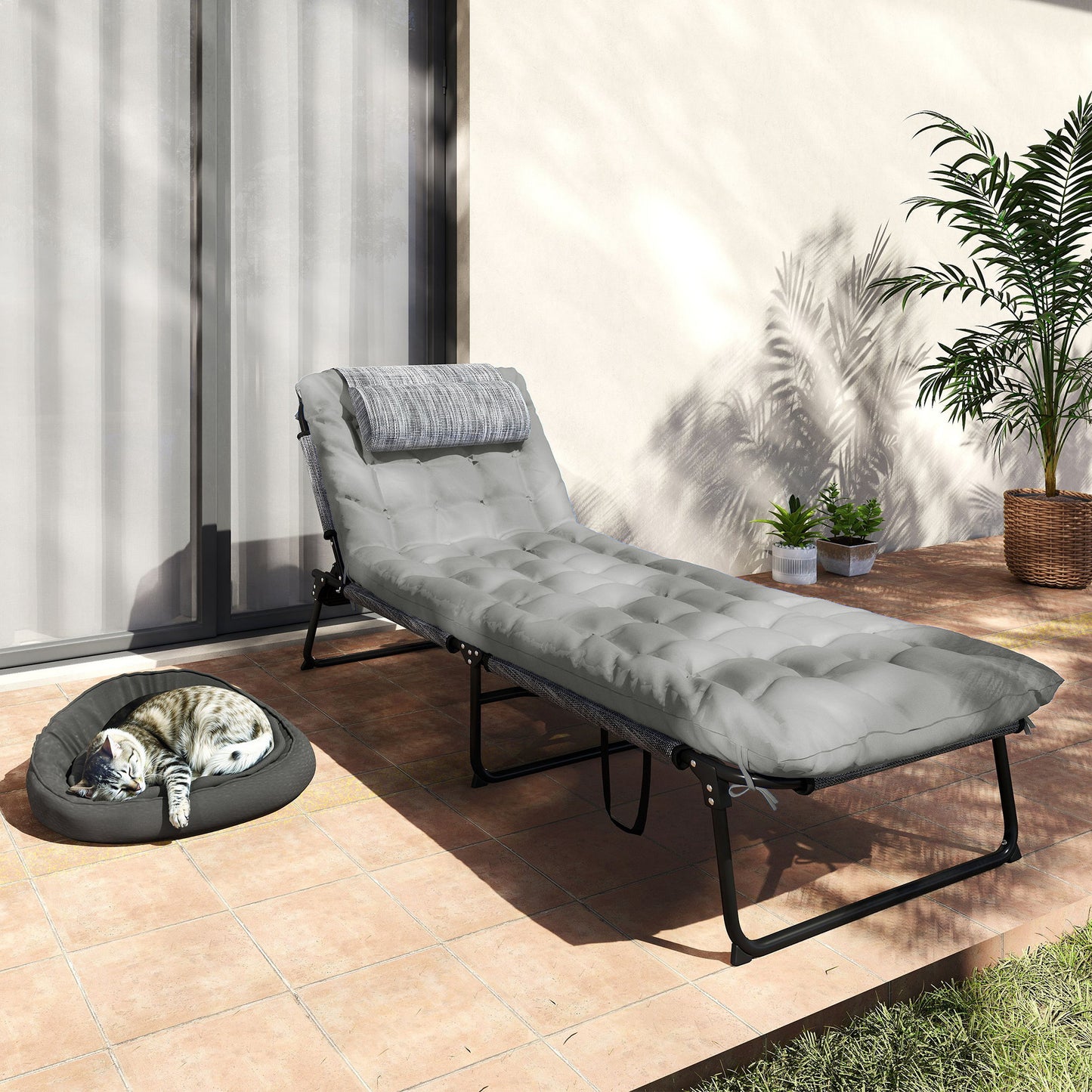Folding Chaise Lounge Pool Chair with 4-Level Recline, Cushion & Pocket - Gray