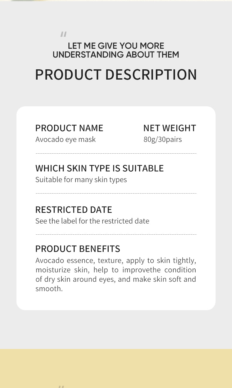 Moisturizing Eye Mask Patches - 60 Pairs, Avocado Hydrating Under Eye Masks