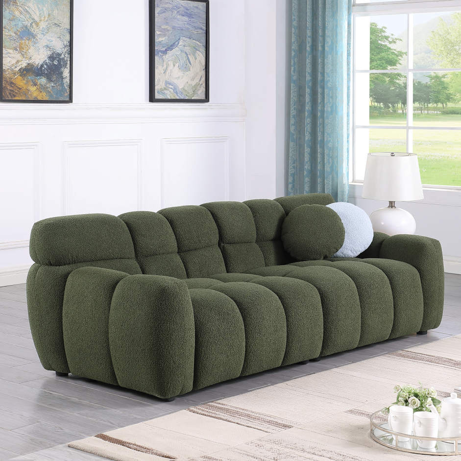 Olive Green Boucle Sofa - 3 Seater with Rolled Arms