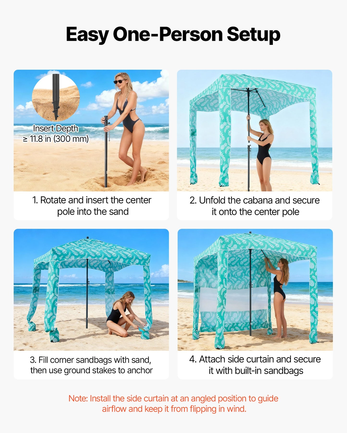 6x6 Ft Beach Cabana with Side Wall - UPF 50+ Sun Shade & Sand Pockets, Portable Outdoor Tent for Family & Friends