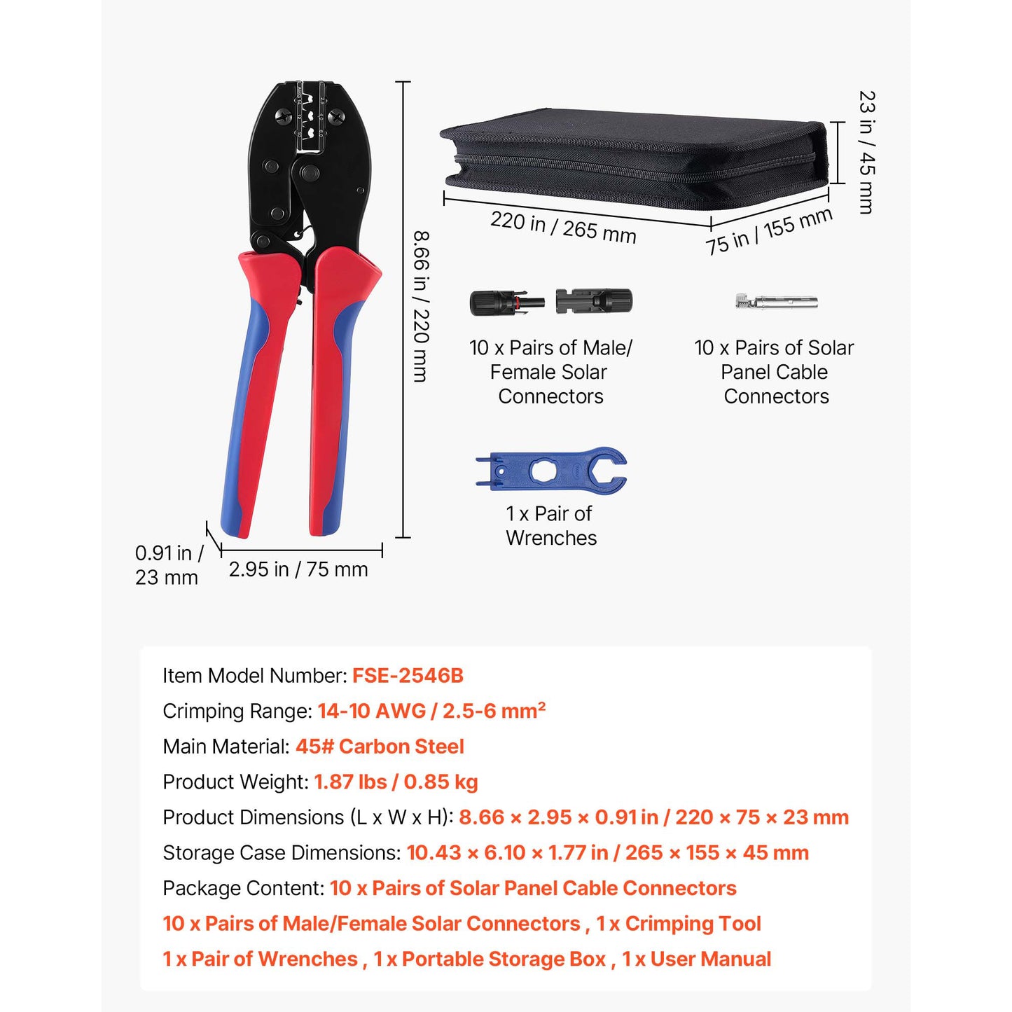 Solar Connector Crimping Tool Kit with 10 Pairs Connectors and Storage Case - Ratcheting AWG 14-10