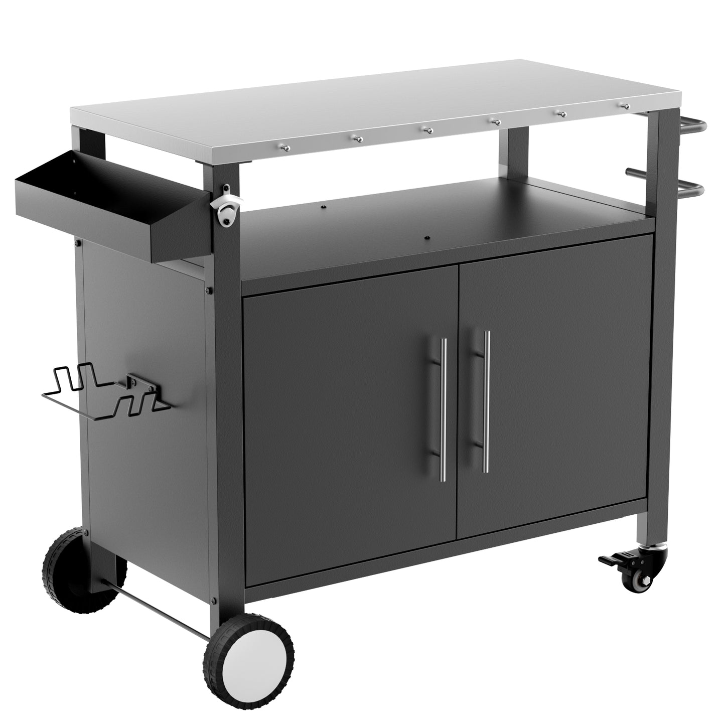 Outdoor Grill Cart with Storage and Wheels - Black Stainless Steel BBQ Trolley