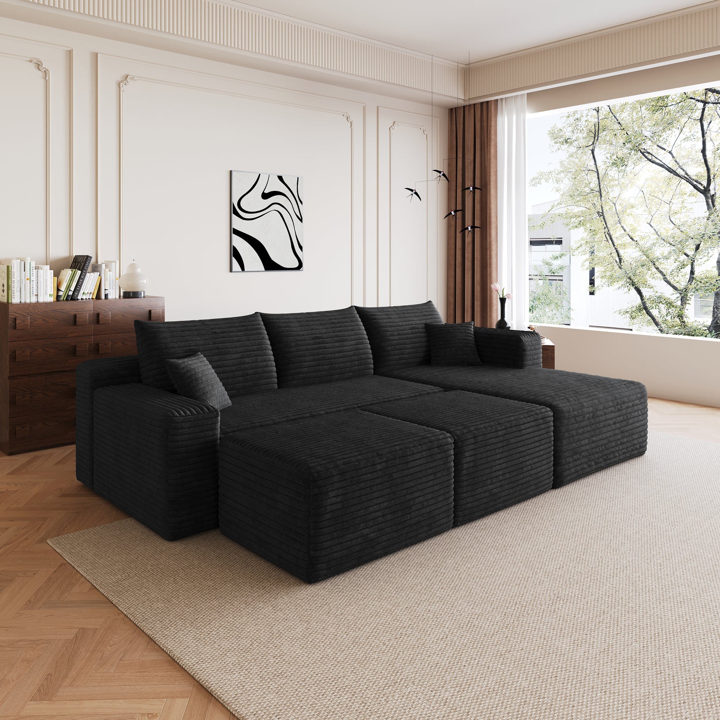 95" Cloud Sectional Sofa with 2 Ottomans - Black Corduroy