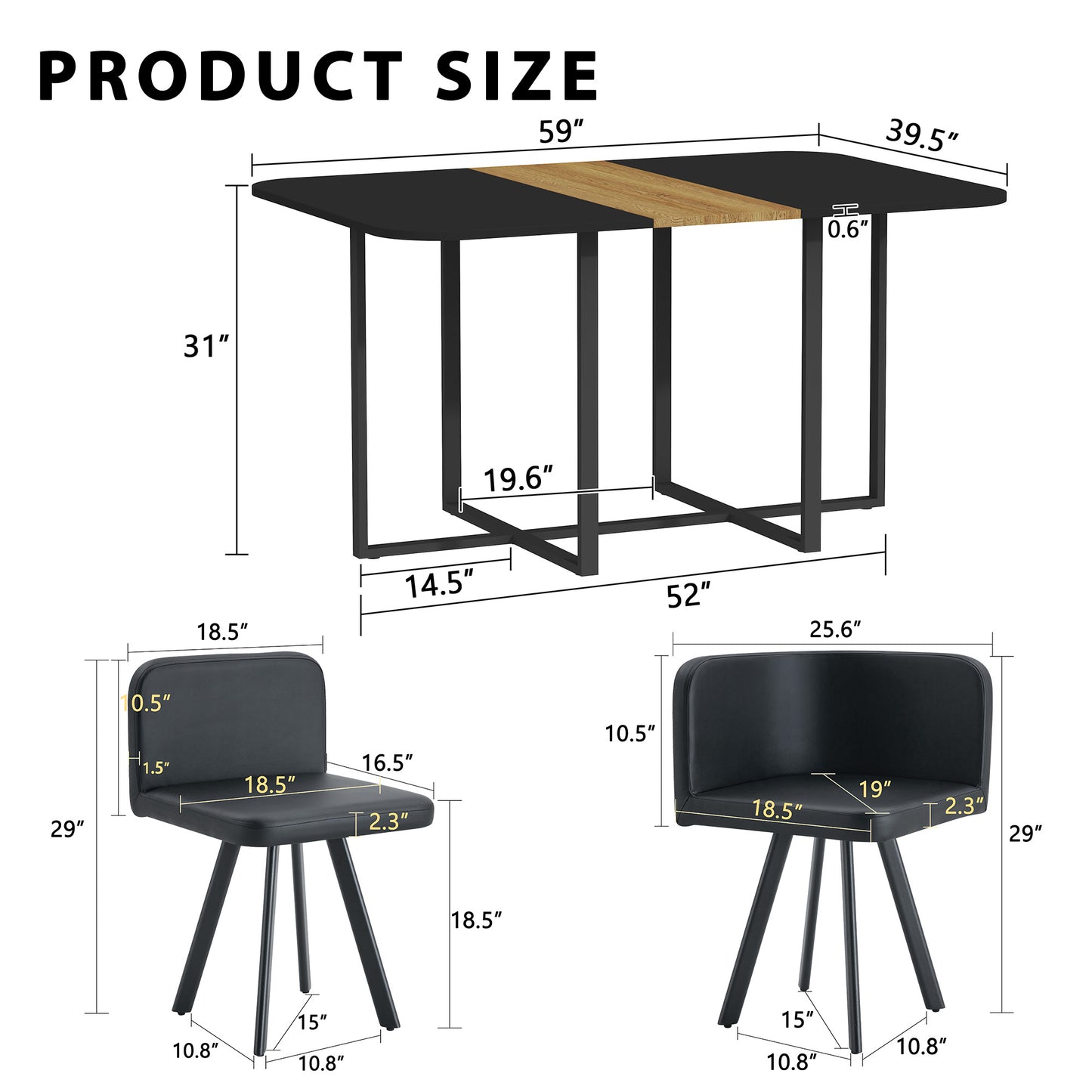 7-Piece Dining Table Set with 6 Black PU Chairs - Two-Tone Design