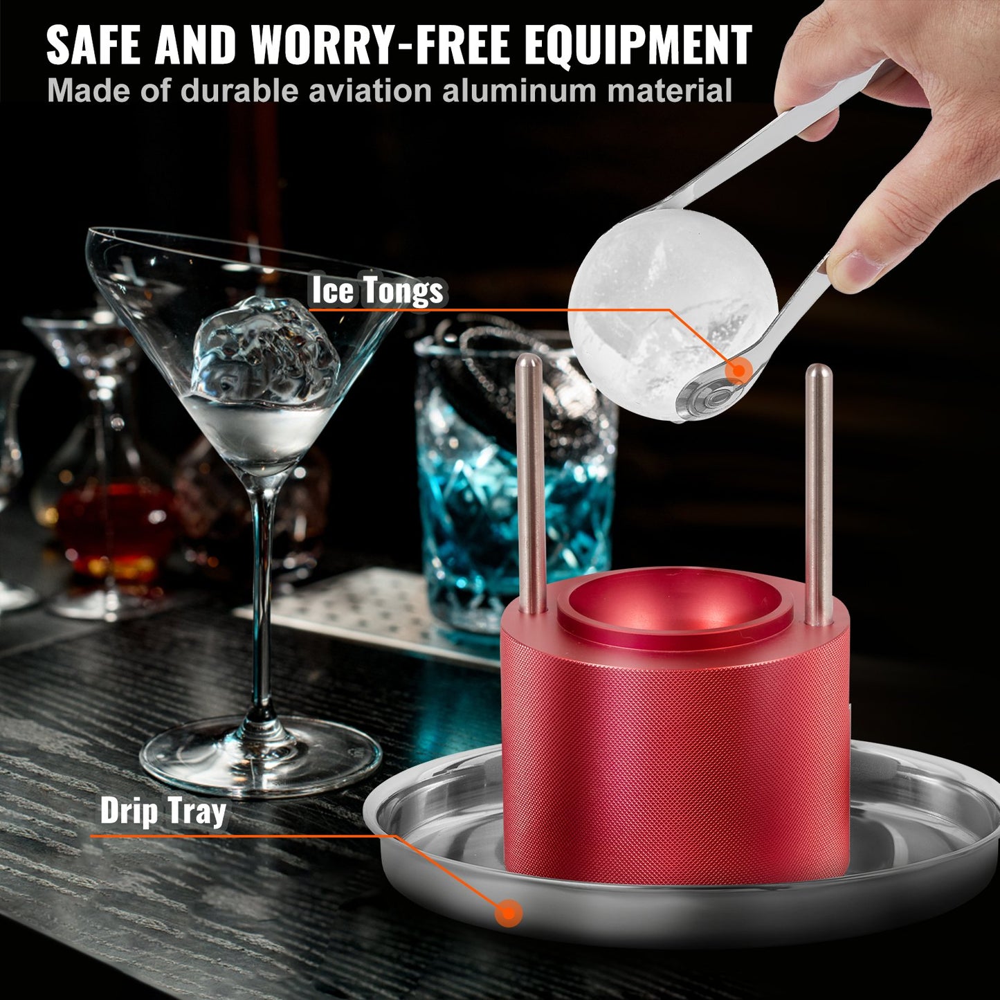 Ice Ball Press Kit - 2.4-Inch Whiskey Ice Maker with Drip Tray & Tongs - Red