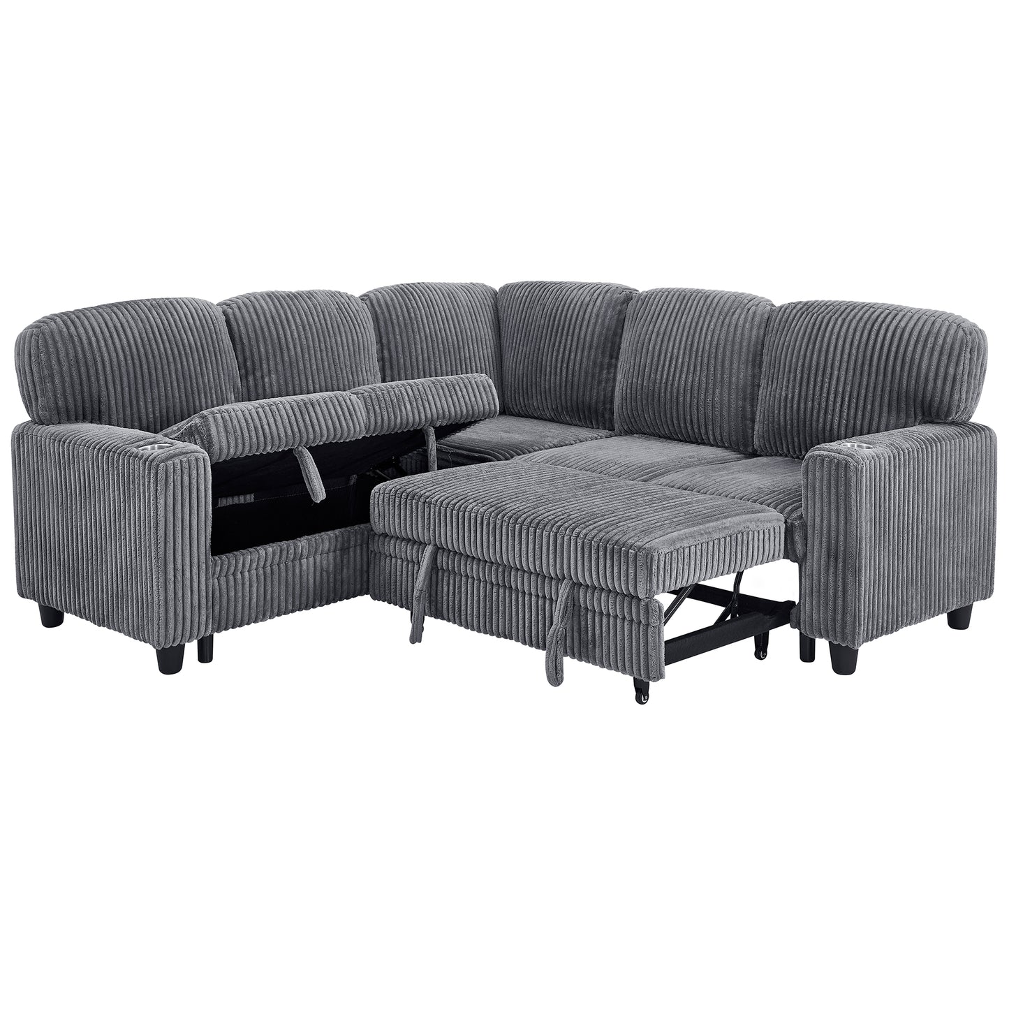 L-Shaped Sectional Sofa Bed with Storage & USB Charging - Grey