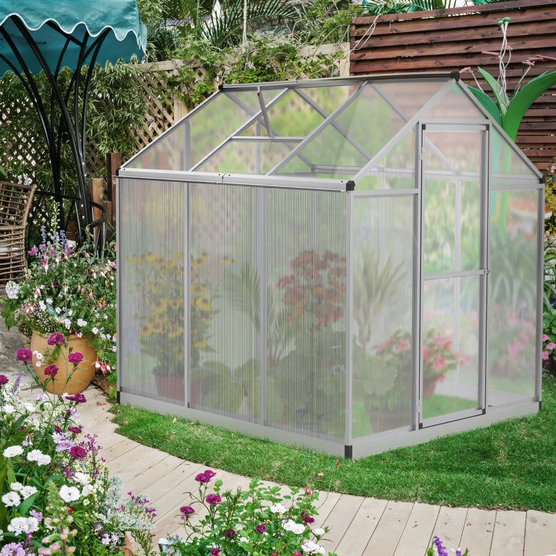 Walk-In Polycarbonate Greenhouse with Roof Vent & Rain Gutter - Silver, 8x6 ft