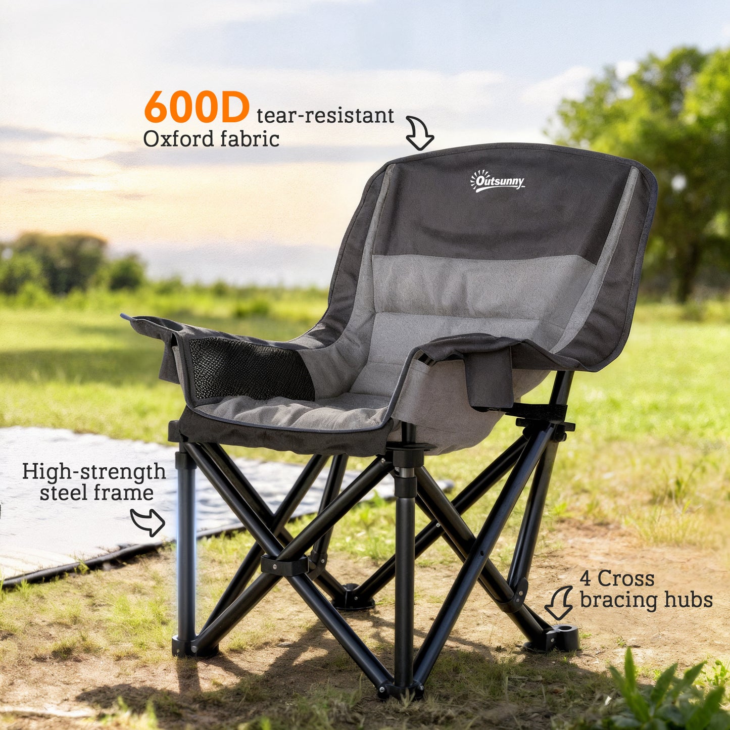 Portable Folding Camping Chair with Cup Holders & Side Pockets - Gray