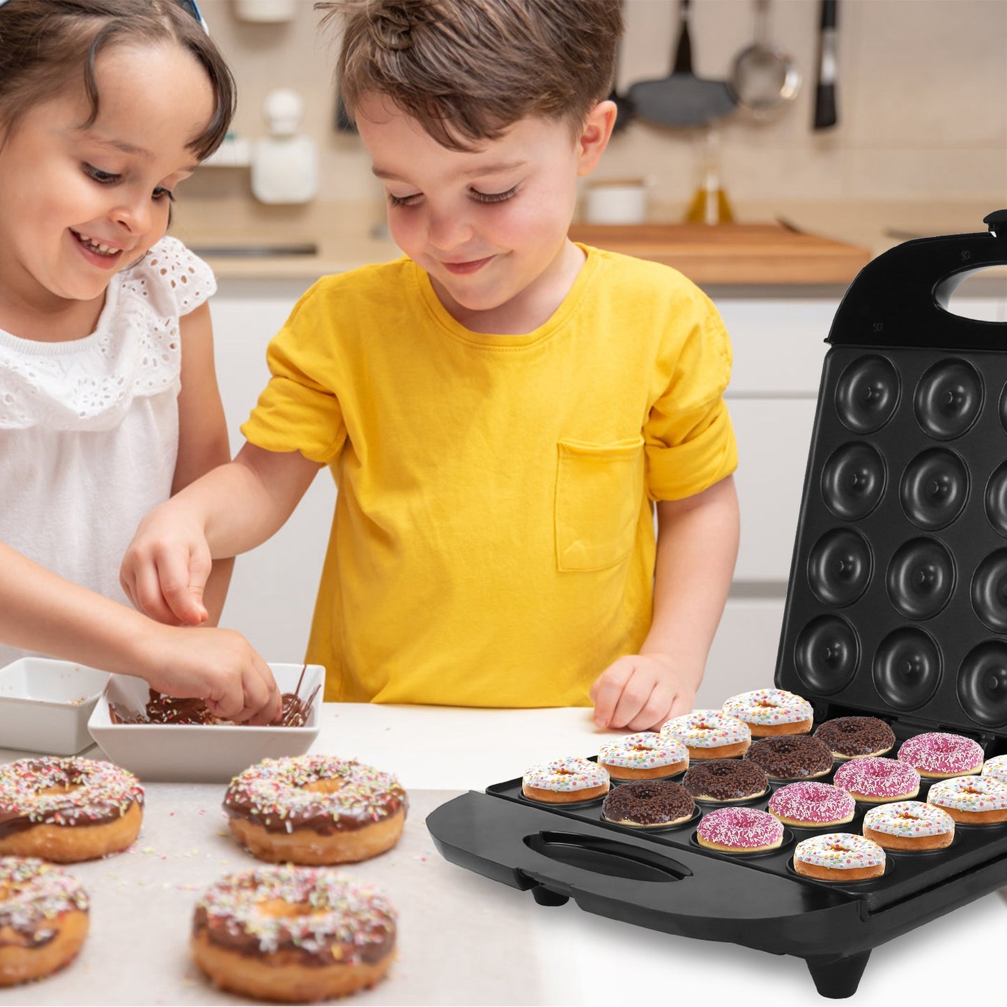 Mini Donut Maker Machine for Kids & Family, 16 Non-Stick Doughnuts, Black