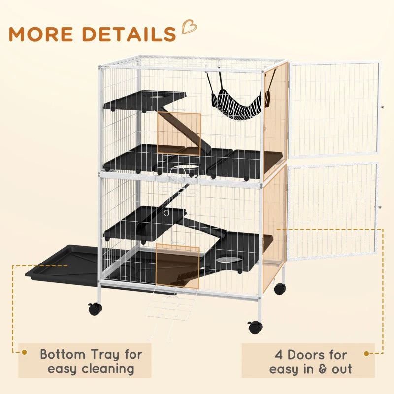 Small Animal Cage with Hammock - 4 Doors, Removable Tray, White