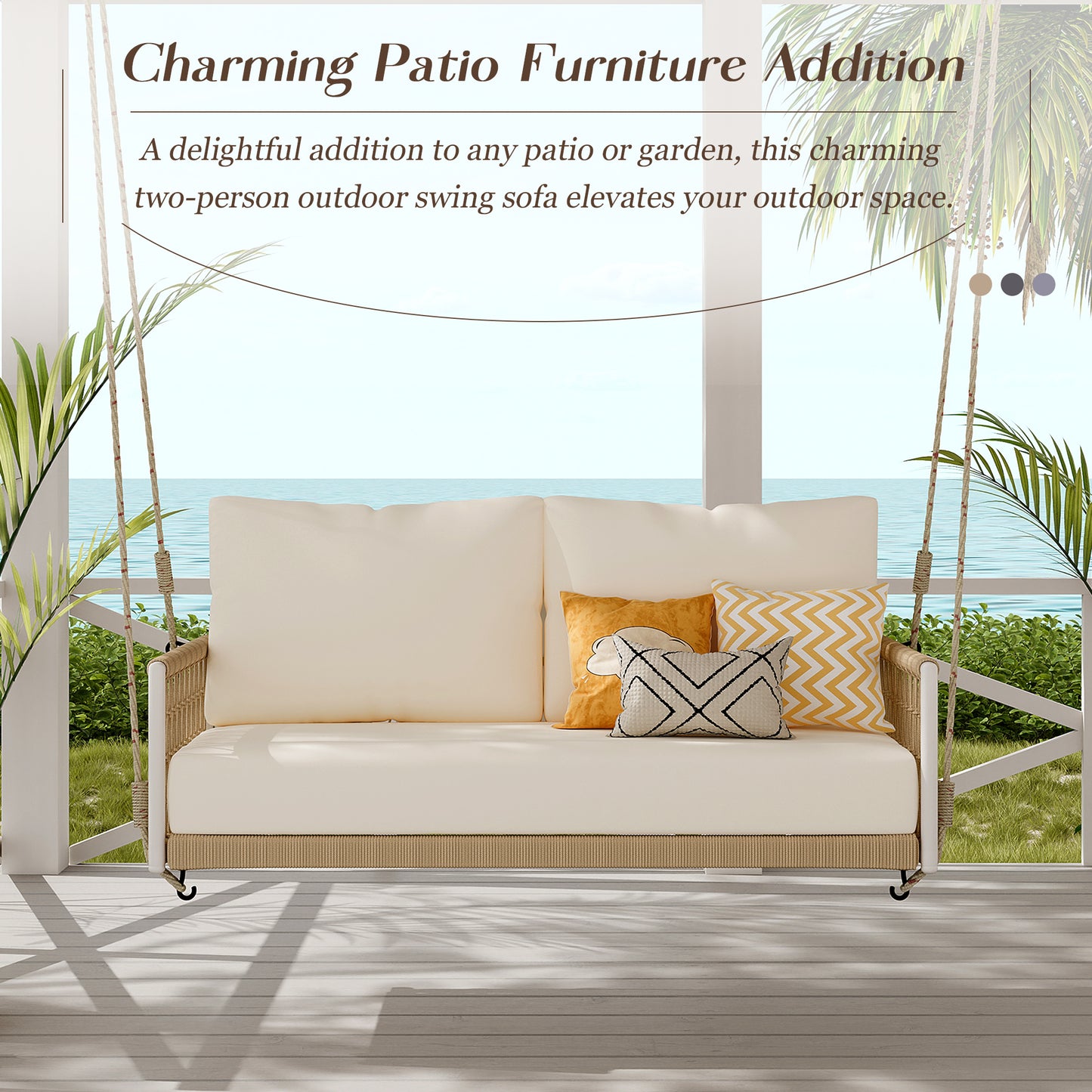 Woven Rope Outdoor Swing Sofa with Soft Cushions for 2 - Beige