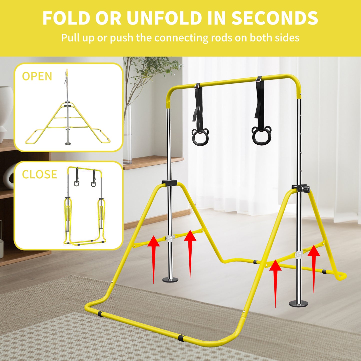 Adjustable Height Children's Gymnastic Bar with Bear Rings - Yellow