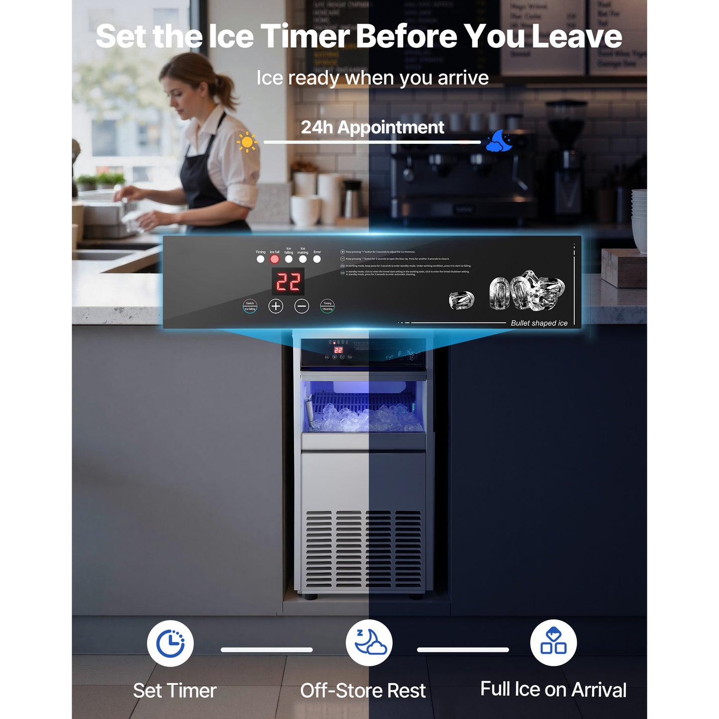 Commercial Ice Maker Machine 100Lbs/24h Stainless Steel Built-in & Freestanding