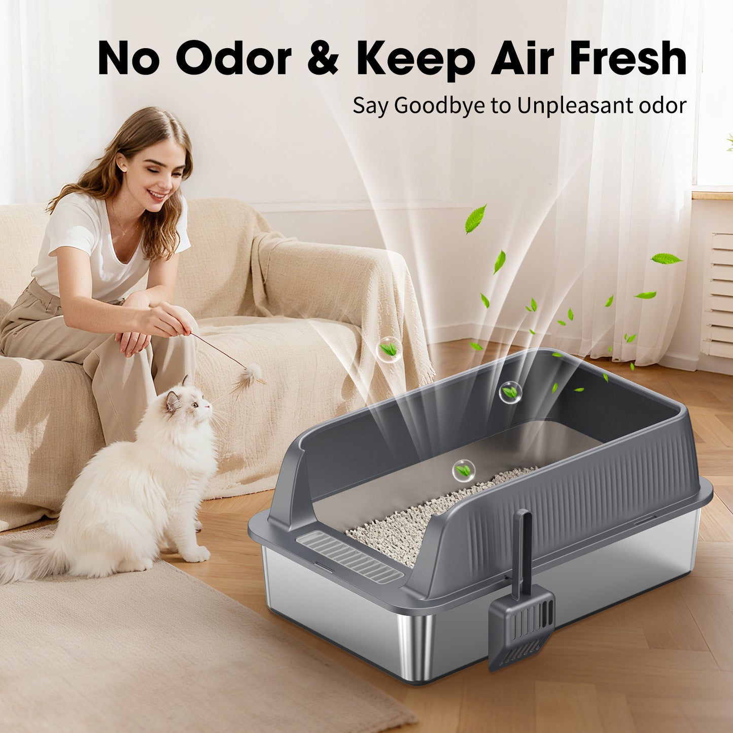 Stainless Steel Cat Litter Box with High Sides & Odor Control - Durable & Easy to Clean