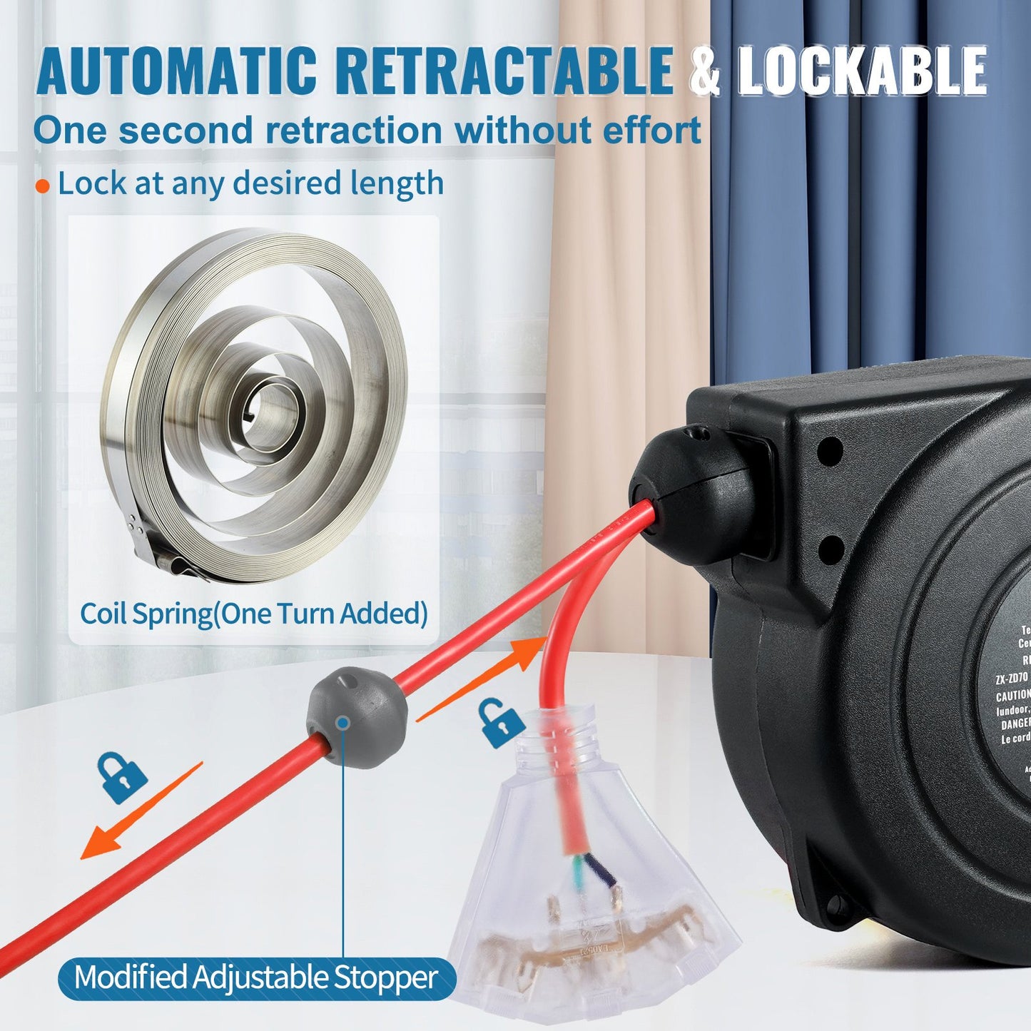 Retractable Extension Cord Reel 30FT 16AWG Water-Resistant Power Cord with 3-Outlets