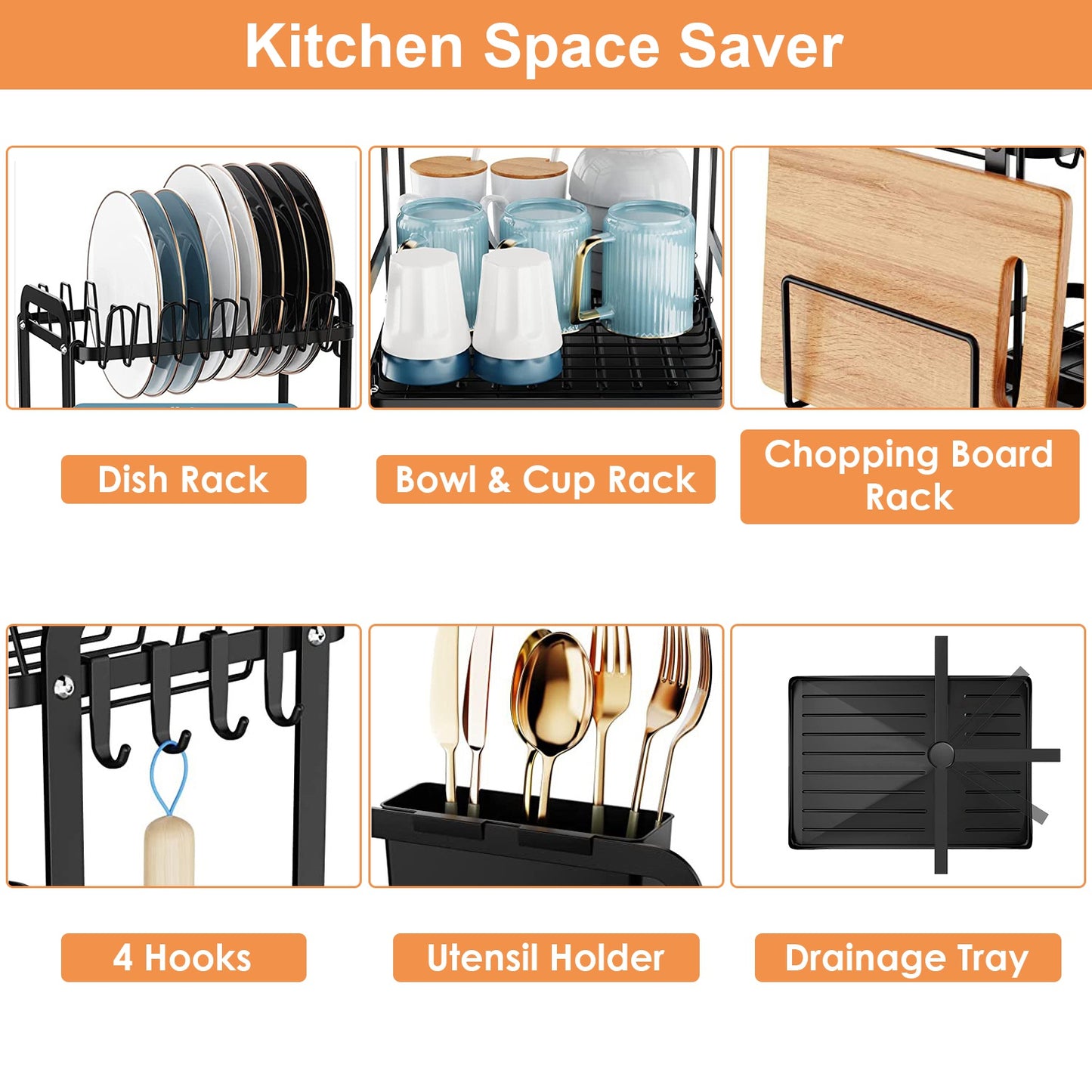 2-Tier Dish Drying Rack with Drainboard & Utensil Holder - Black