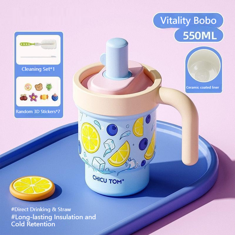 Insulated Ceramic & Stainless Steel Straw Cup with Handle - 610ML, Color Options