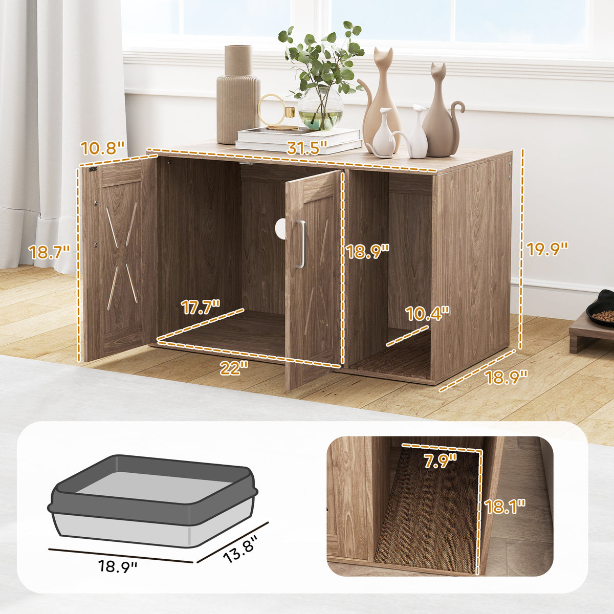 Multifunctional Cat Litter Box Enclosure and Side Table in Walnut Brown