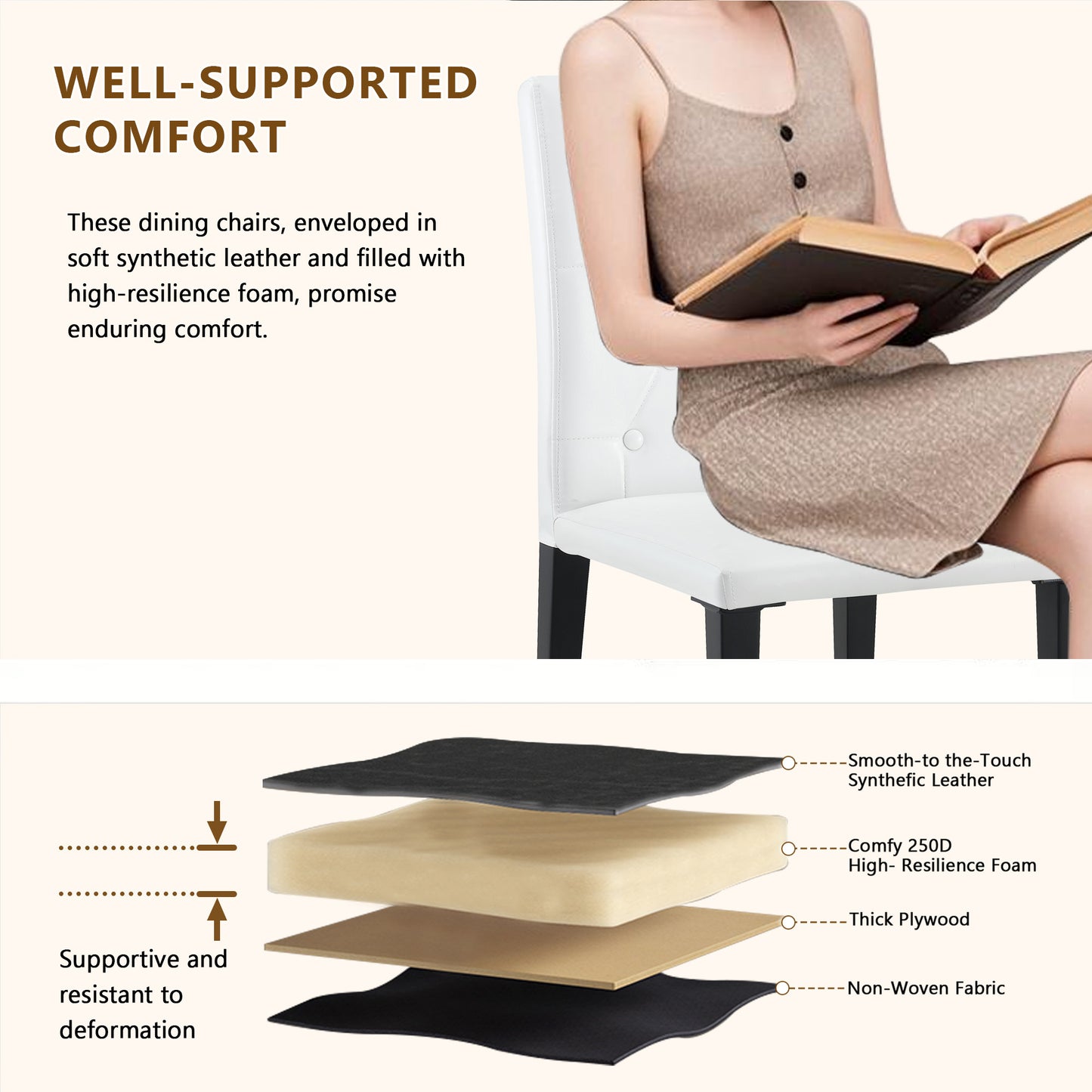 2-pack White PU Dining Chairs Ergonomic Buckle Backrest, 35 Inches
