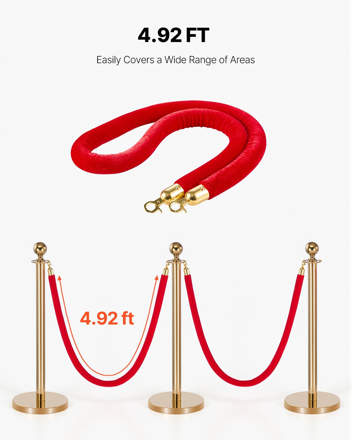 Crowd Control Ropes 4 Pack 5 Ft Velvet Barrier Ropes with Gold Hooks for Events & Theaters
