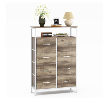Natural Wood Storage Cabinet with 8 Shelves and Drawers