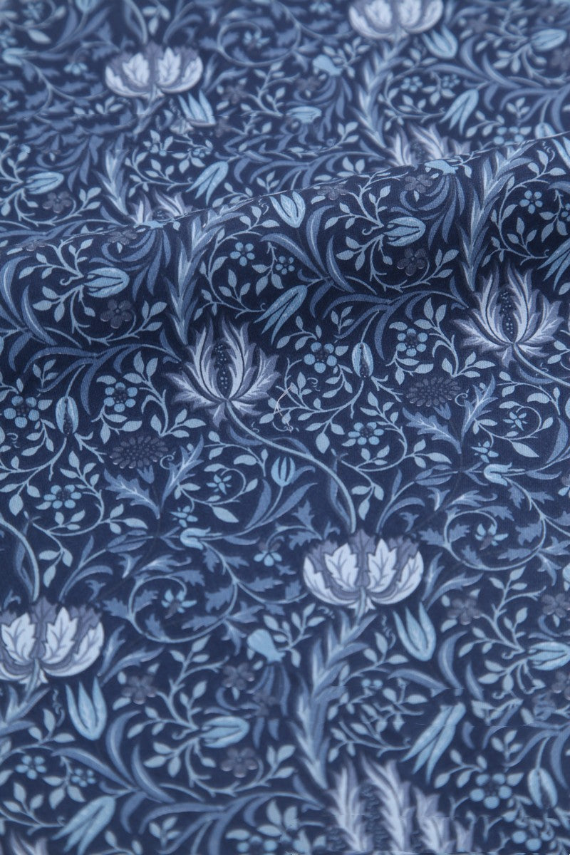 Deep Blue Bird Forest Cotton Fabric - Botanical Print 100% Cotton Textile