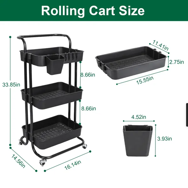 3 Tier Rolling Utility Cart Movable Storage Organizer With Mesh
