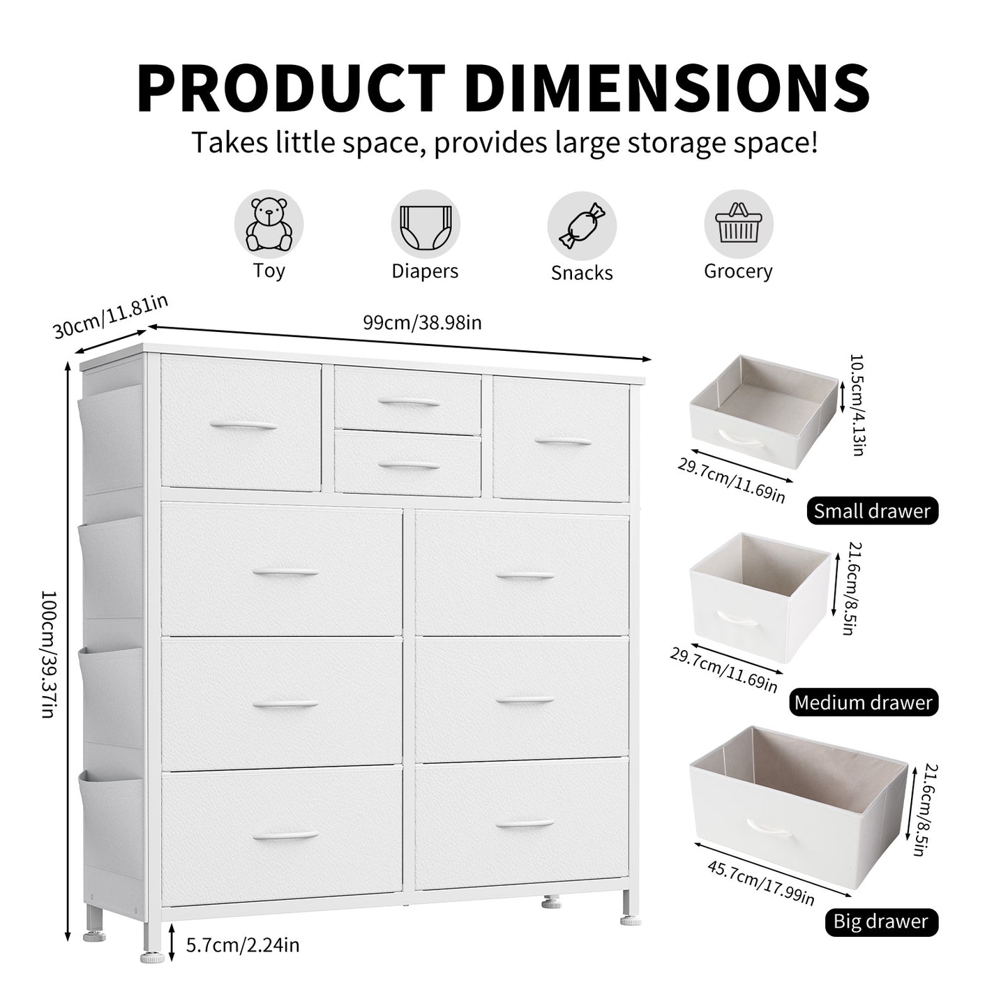 10-Drawer Storage Cabinet with Side Pocket & Hooks - White