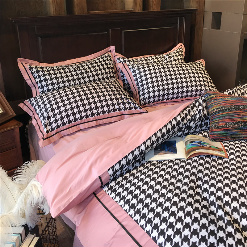 Princess Style Cotton Velvet Bedding Set - 4 Pieces, Pink Houndstooth, Multiple Sizes