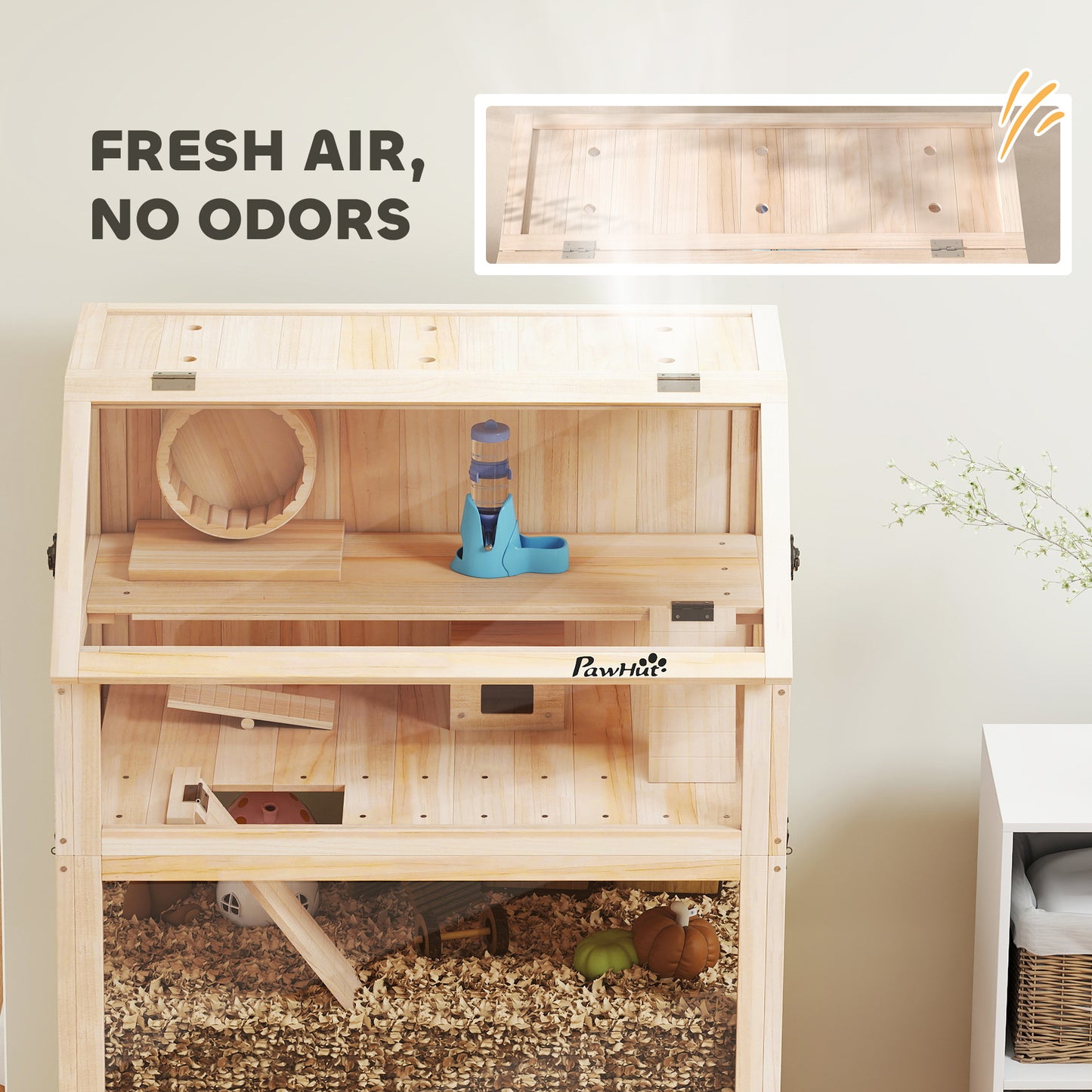 Wooden Hamster Cage with Detachable Floors & Accessories - Natural Wood