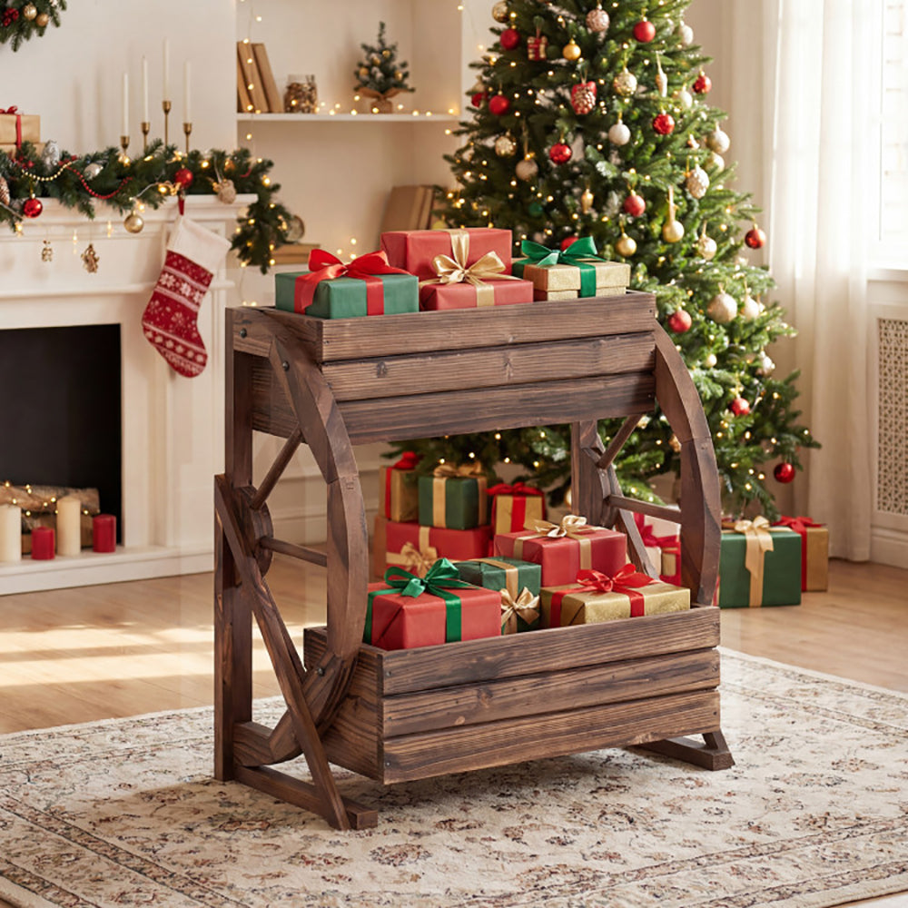 2-Tier Rustic Wooden Garden Bed with Drainage Holes - Coffee