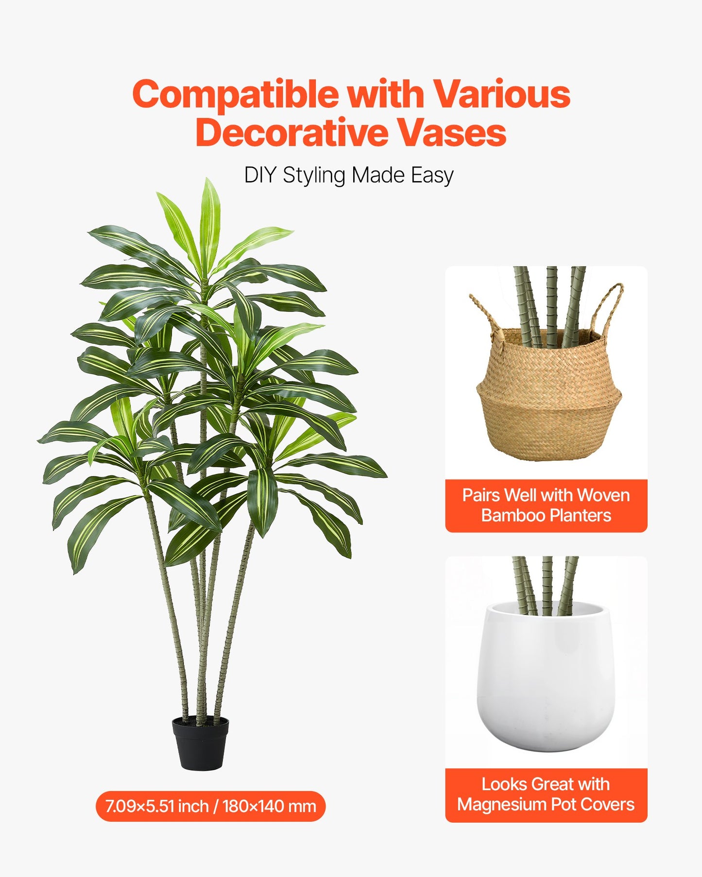 6ft Artificial Dracaena Tree with White Planter - Indoor Fake Plant