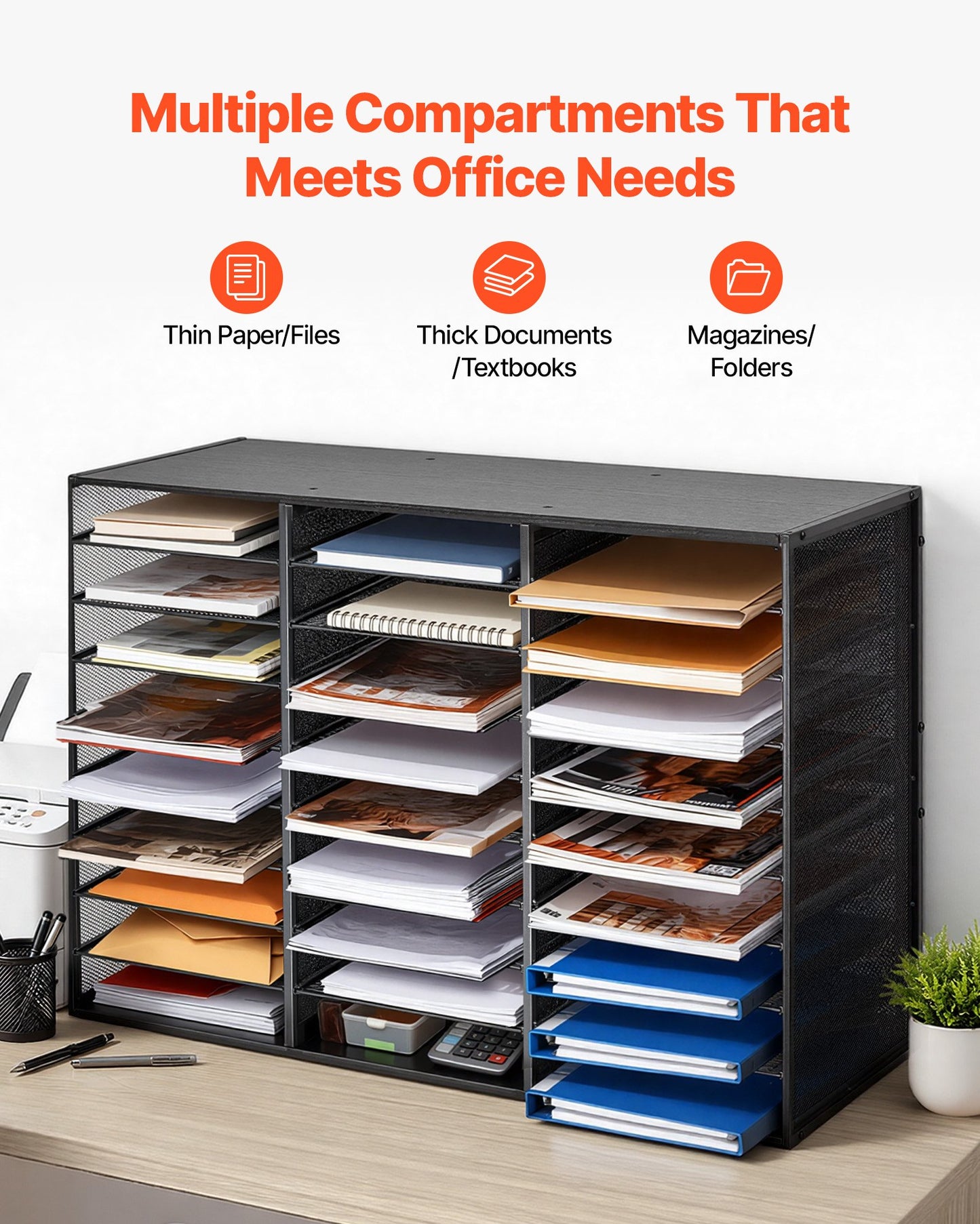 Metal Literature Organizer with 27 Compartments and Wooden Top - Office & Home File Storage