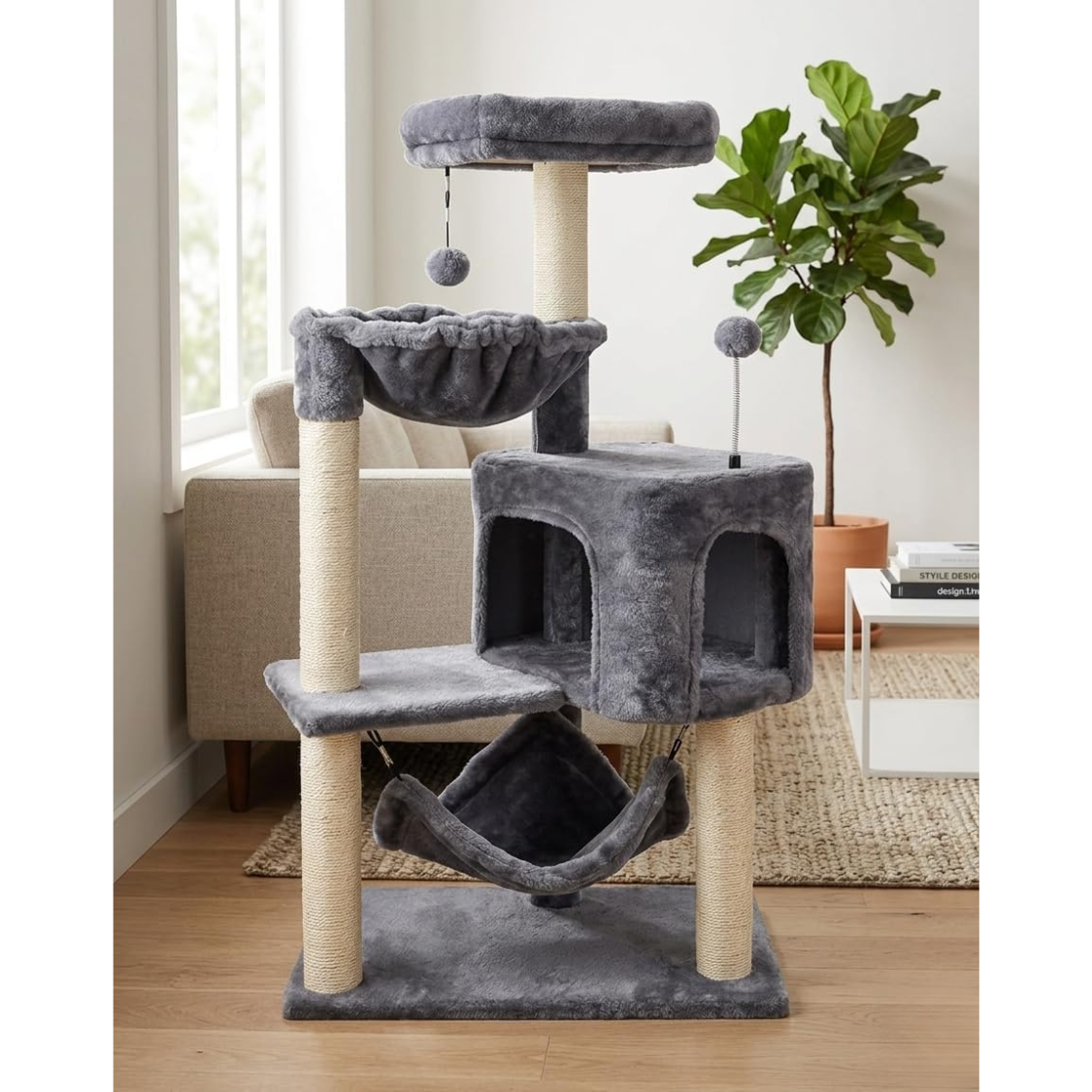 Cat Tree with Condo and Large Hammock - Grey, Multi-Level Play Tower