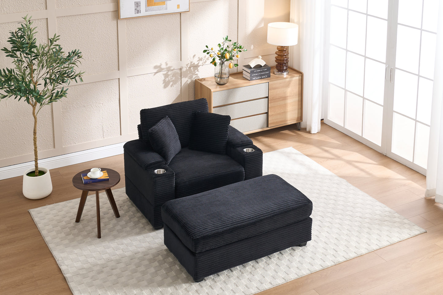 Corduroy Upholstered Chaise Lounge Sofa with Storage & Ottoman - Black