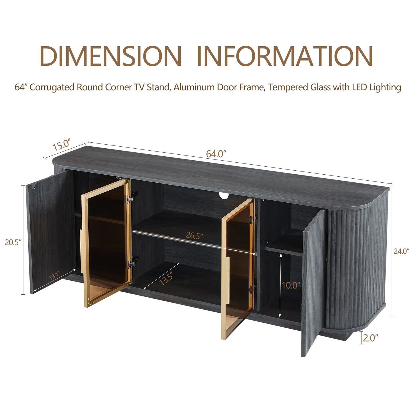 64-Inch Wavy TV Cabinet with Tempered Glass Doors - Black