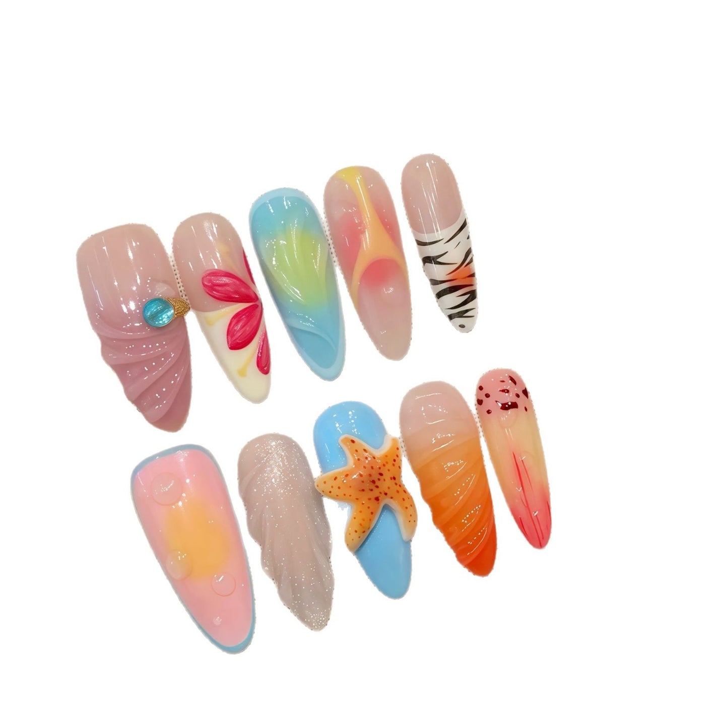 3D Starfish French Style Press-On Nail Kit - Long Pointed Round