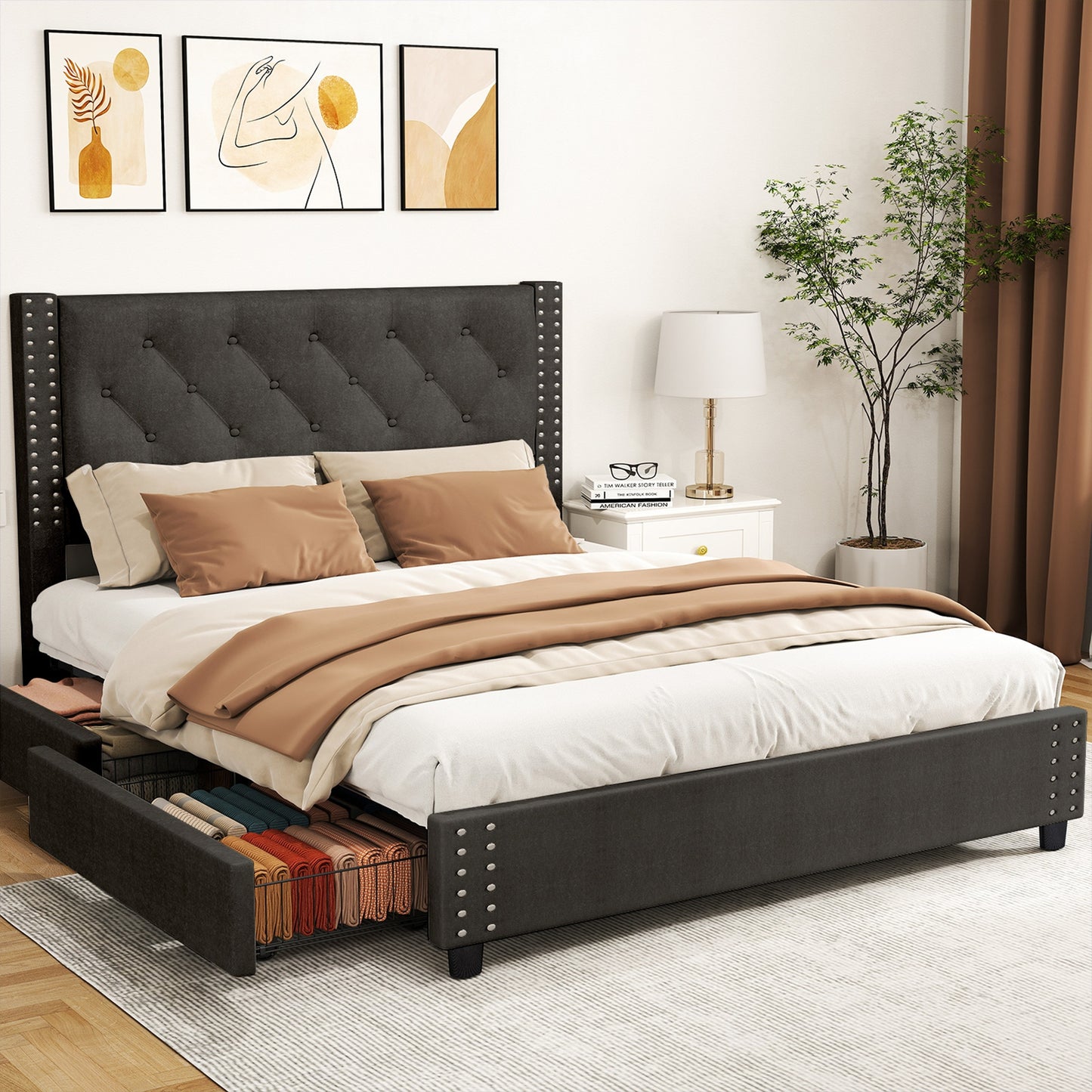 Full Size Bed Frame With Upholstered Button Tufted Headboard Wood