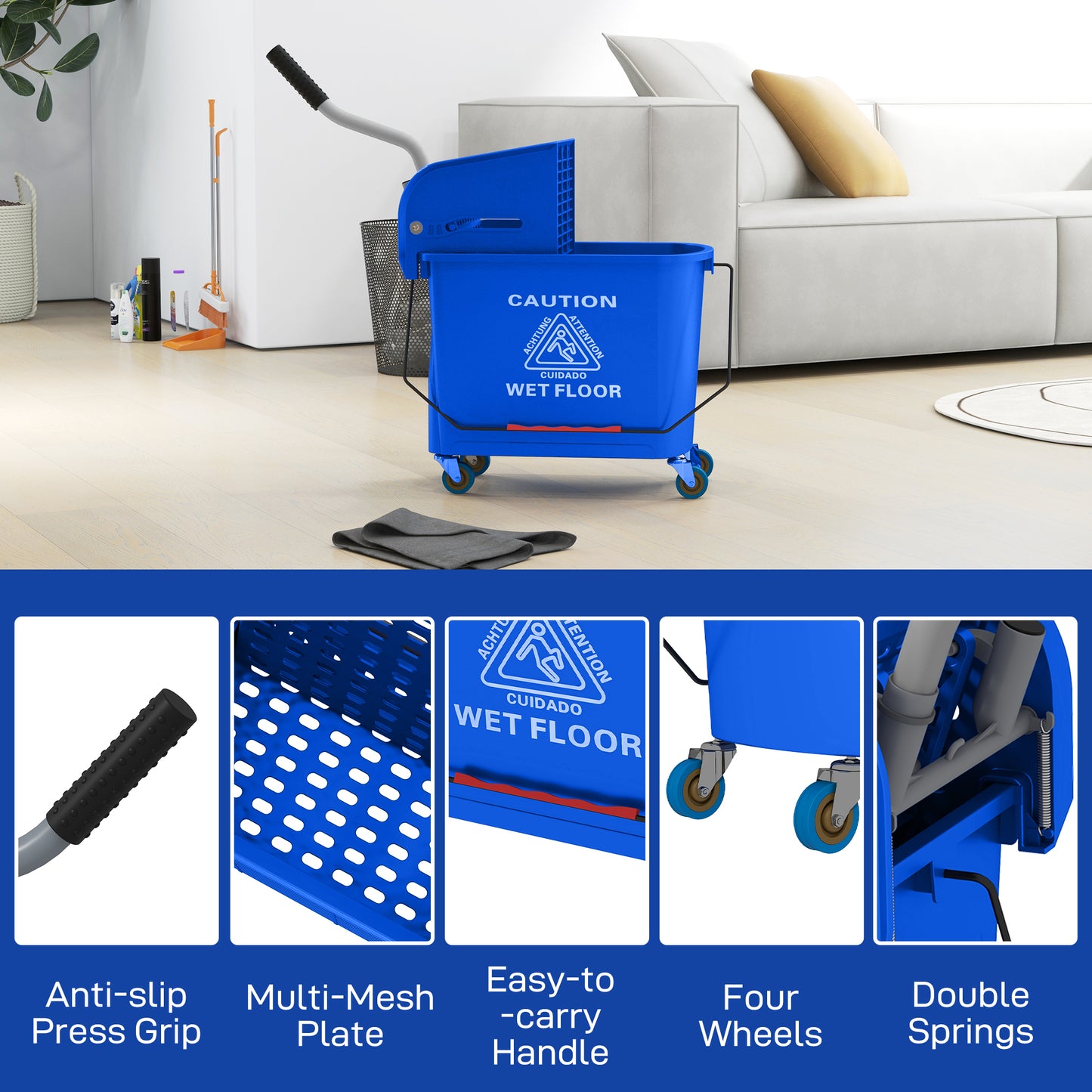 Blue 21 Quart Mop Bucket with Wringer & Water Separation for Floor Cleaning