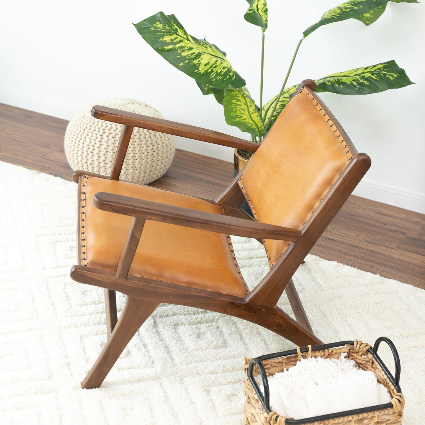 Daniel Mid-Century Modern Leather Arm Chair With Walnut-Finished