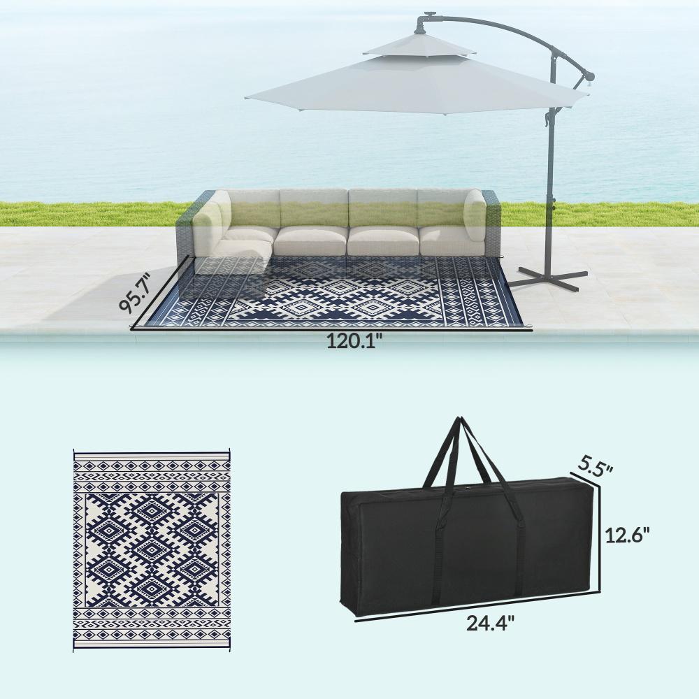 Reversible Outdoor Rug - Waterproof Polypropylene, 8' x 10', Blue & White