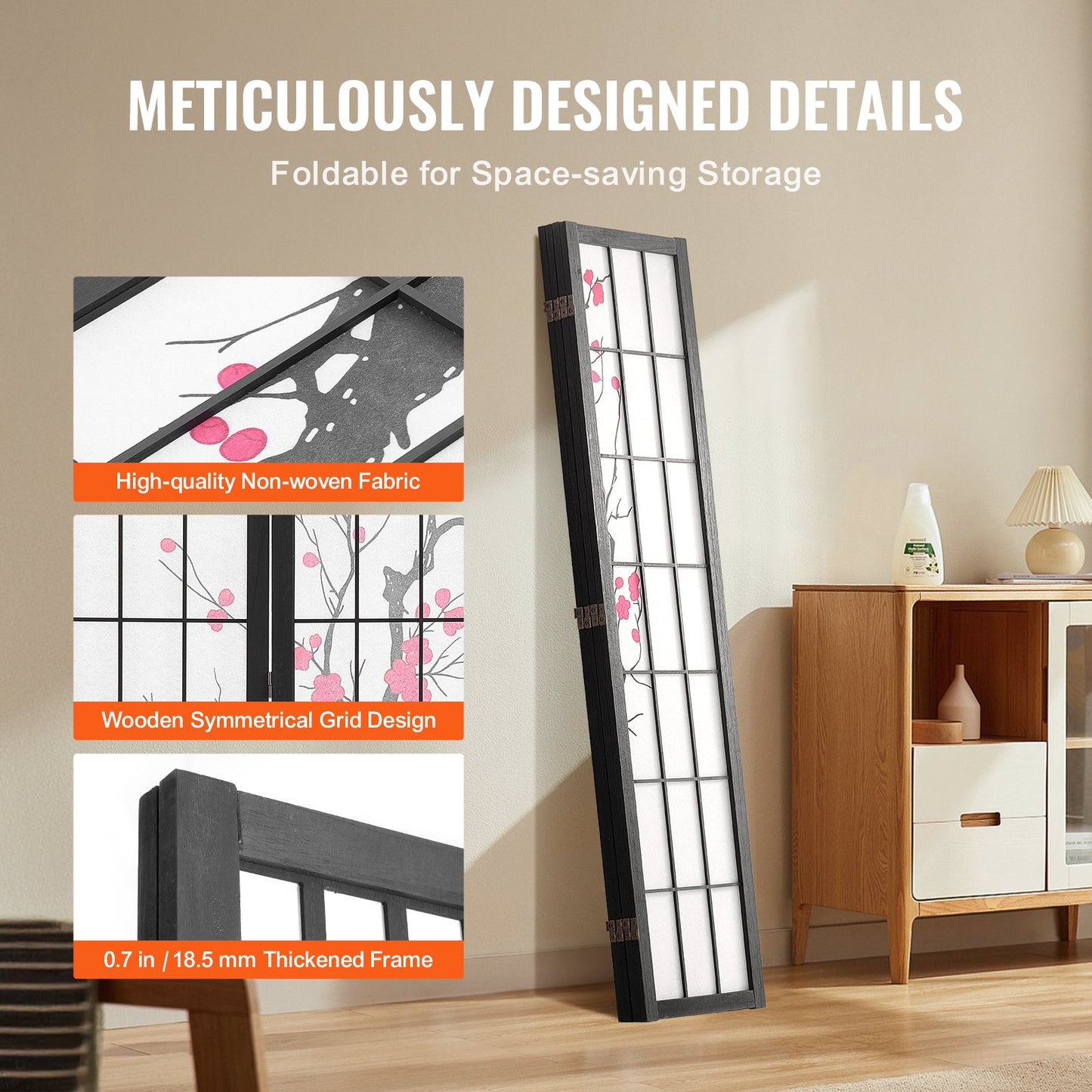 Japanese Room Divider Screen - 4 Panel Wood Folding Privacy Divider