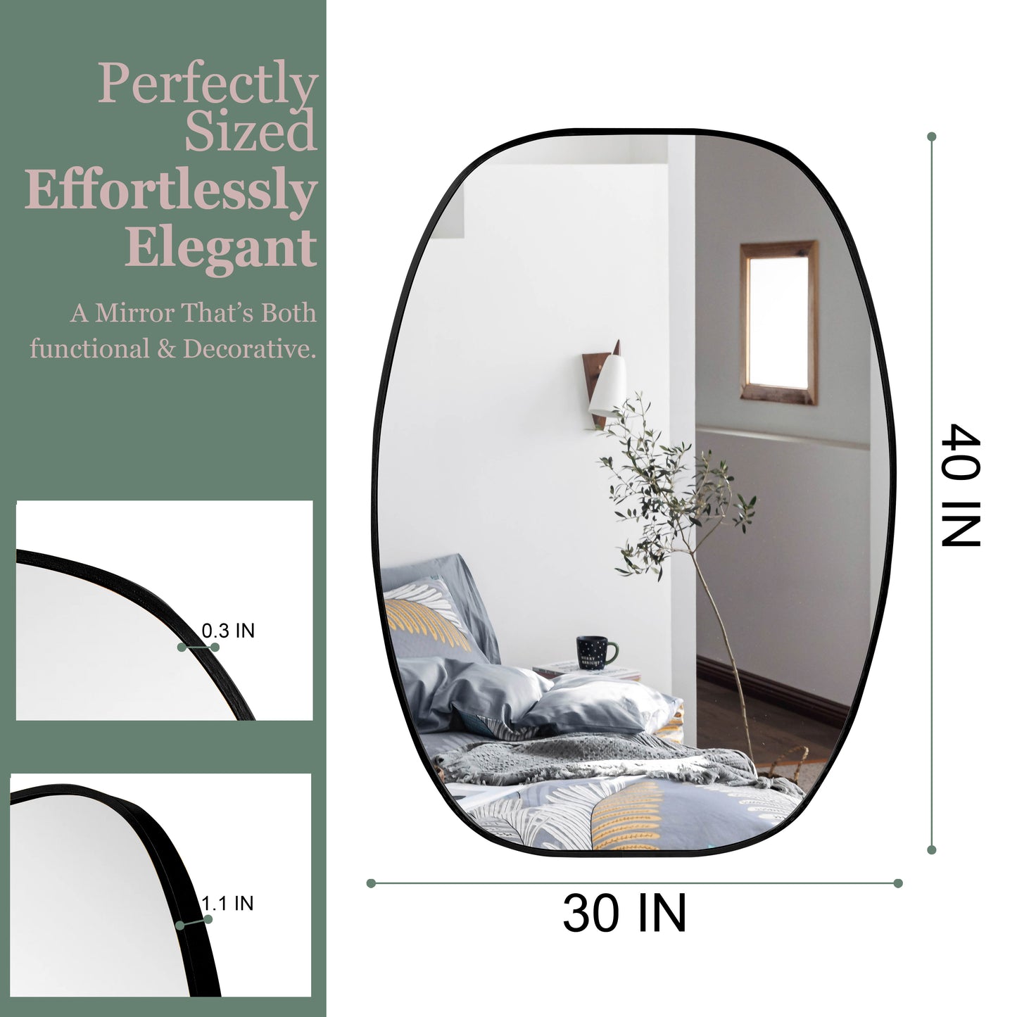 30x40 Inch Black Metal Framed Oval Bathroom Mirror for Wall