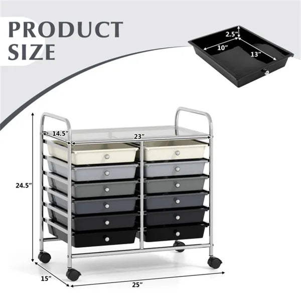 12-Drawer Rolling Storage Cart - 2-Row 10-Storey, Multicolor Drawers,