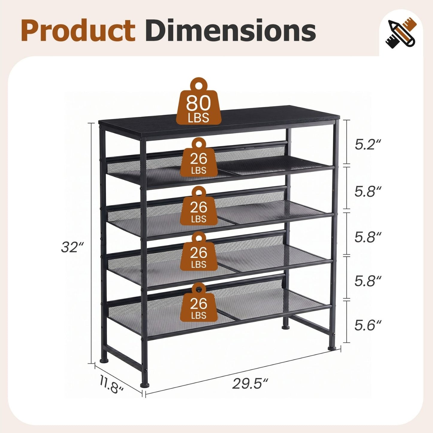 5-Tier Wood Top Shoe Rack - Industrial Style Organizer
