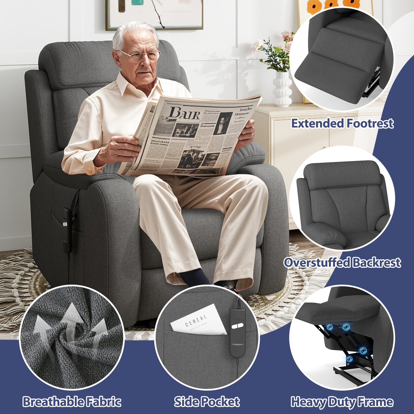 Power Lift Recliner for Elderly - Adjustable Dark Gray Velvet Chair