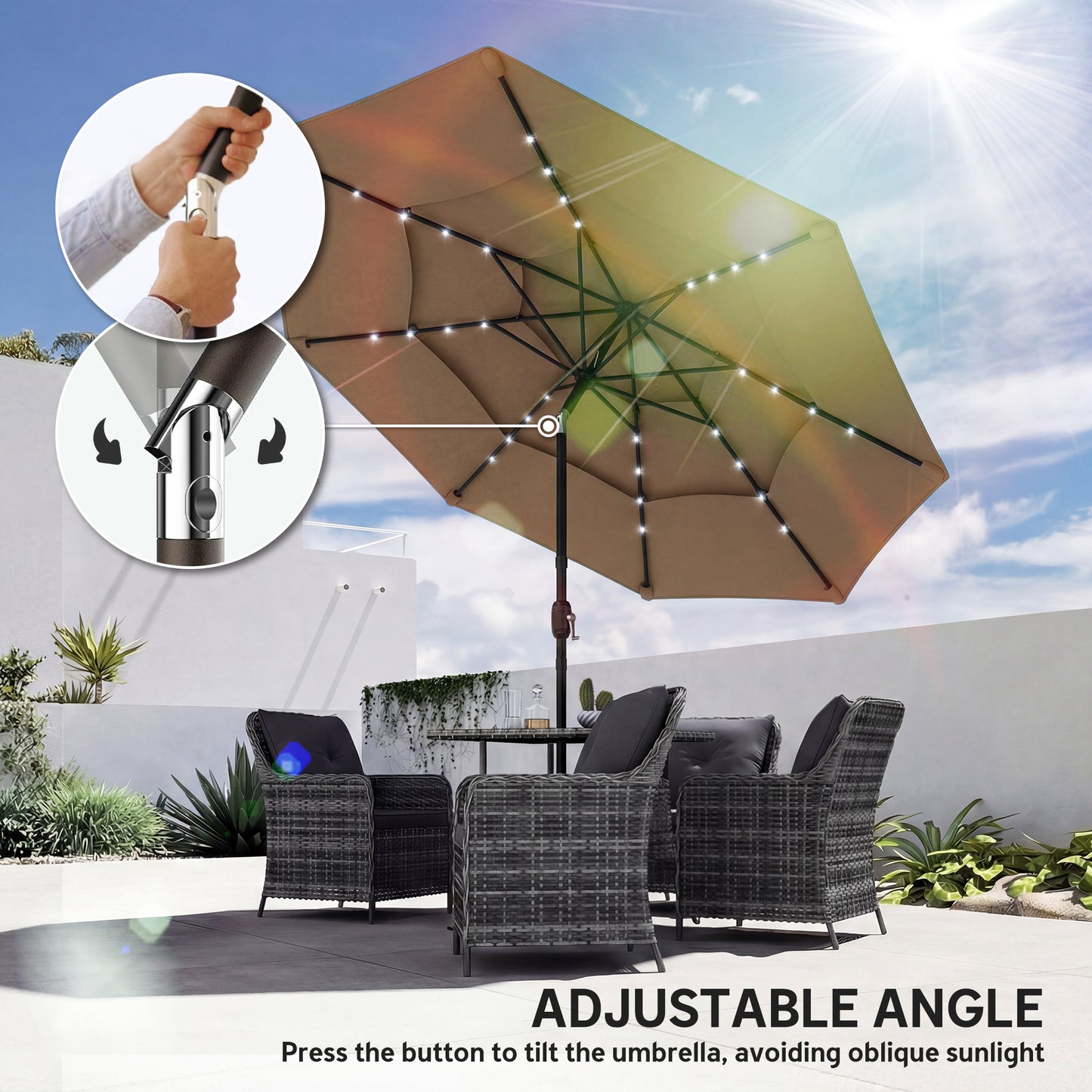 9.7 ft Outdoor Patio Umbrella with Solar LED Lights - Khaki