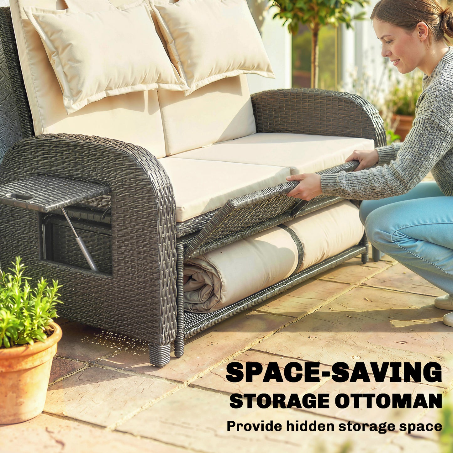Outdoor Rattan Daybed with Storage Ottoman & Adjustable Backrest - Beige